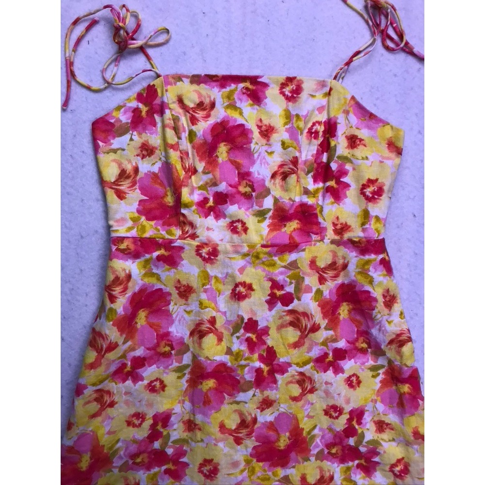 Old Navy Floral Mini Dress Womens Small Pink Yellow Linen Tie Shoulder Smocked - Picture 4 of 9